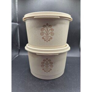 Set Of 2 Beige Vintage Tupperware Bowls With Lids Stamped Design 2.5" Tall 4.5"